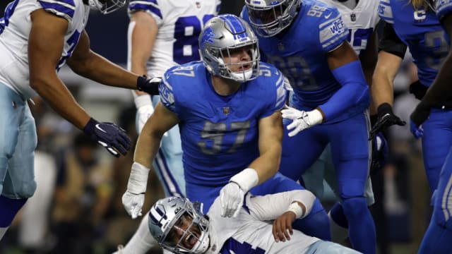 Detroit Lions Aidan Hutchinson sacks Dallas Cowboys quarterback Dak Prescott.
